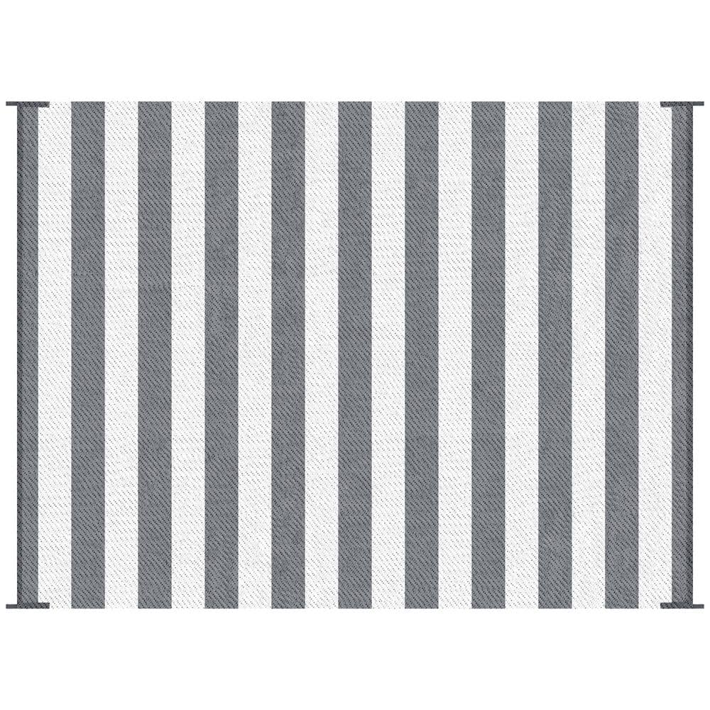 GVN Floor Rug,Indoor Door Mat,Reversible Outdoor Rug, 9'x 12' Waterproof Straw Floor Mat, Portable RV Camping Carpet, Gray & White Striped