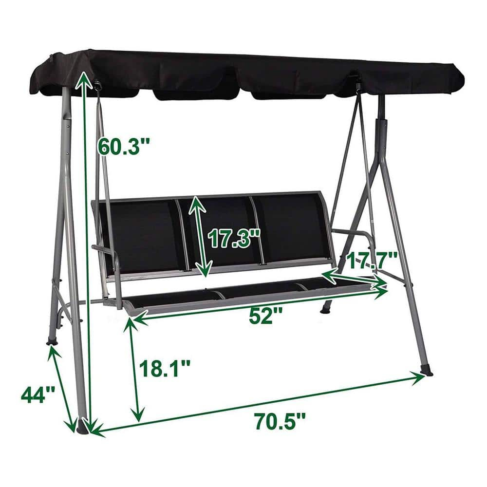 Gray Iron 3-Person Patio Swing with Adjustable Canopy