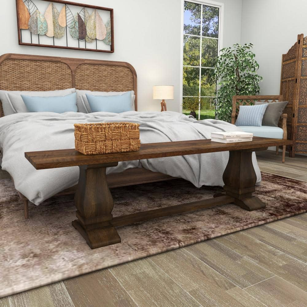 DecMode Mango Wood Bench with Parquet Inlay, Brown