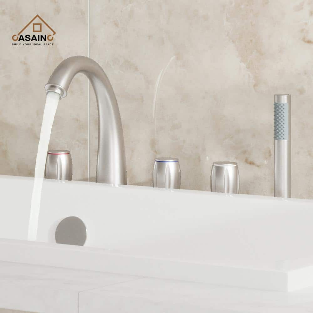 Brushed Nickel 3-Handle Deck Mount Roman Tub Faucet with Hand Shower