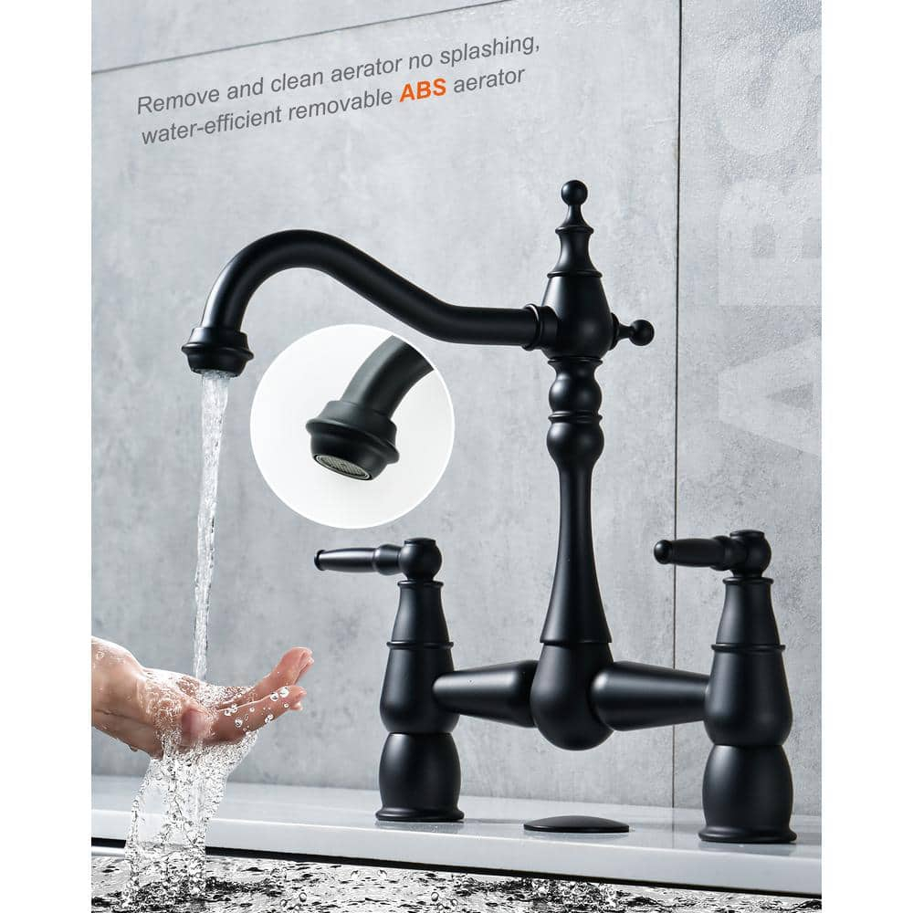 Double Handle Bridge Kitchen Faucet with Sink Hole Cover in Matte Black