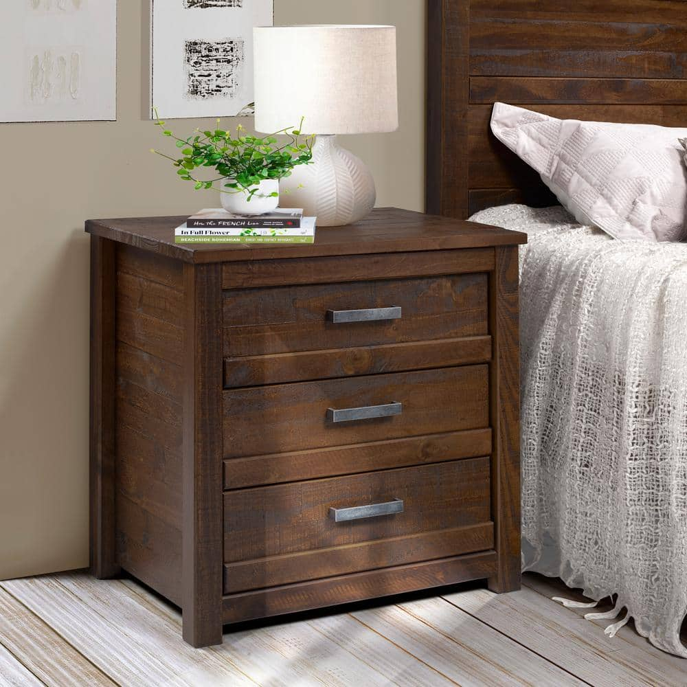 Camaflexi Rustic Nightstand 3-Drawer Night Stand Side Table & Organizer, Walnut