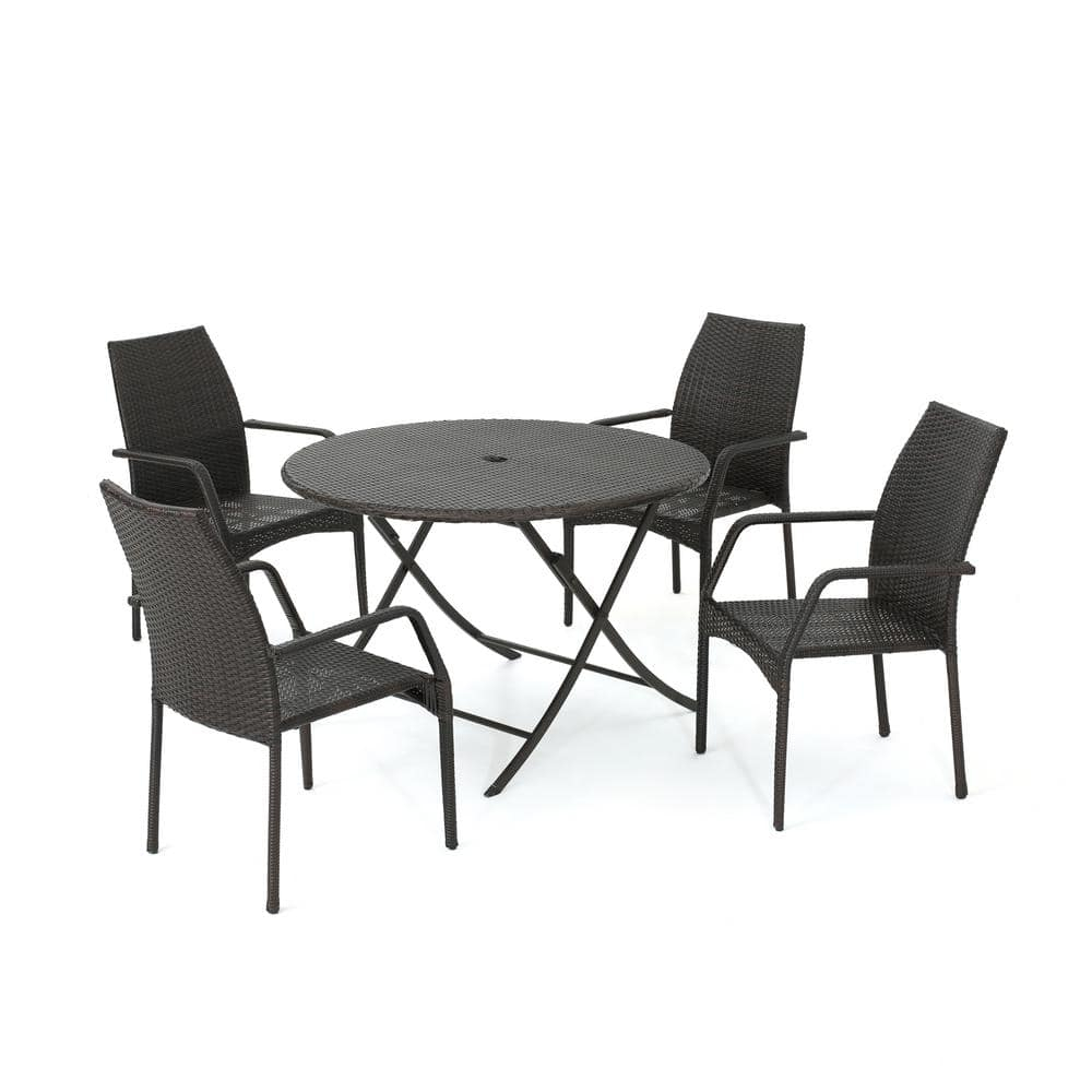 Noble House Kiera 5 Piece Wicker Foldable Patio Dining Set in Brown