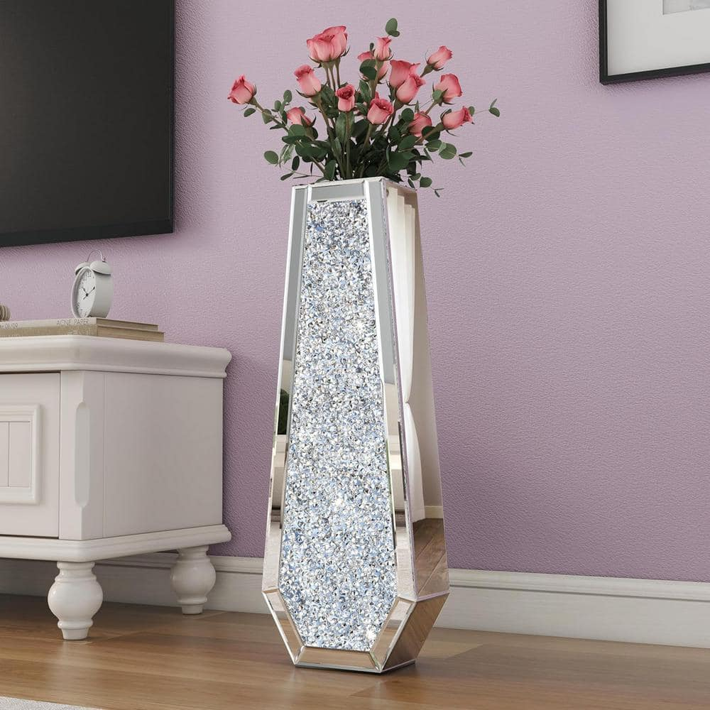 30" Tall Silver Glass Floor Vase with Crushed Diamond Mirror