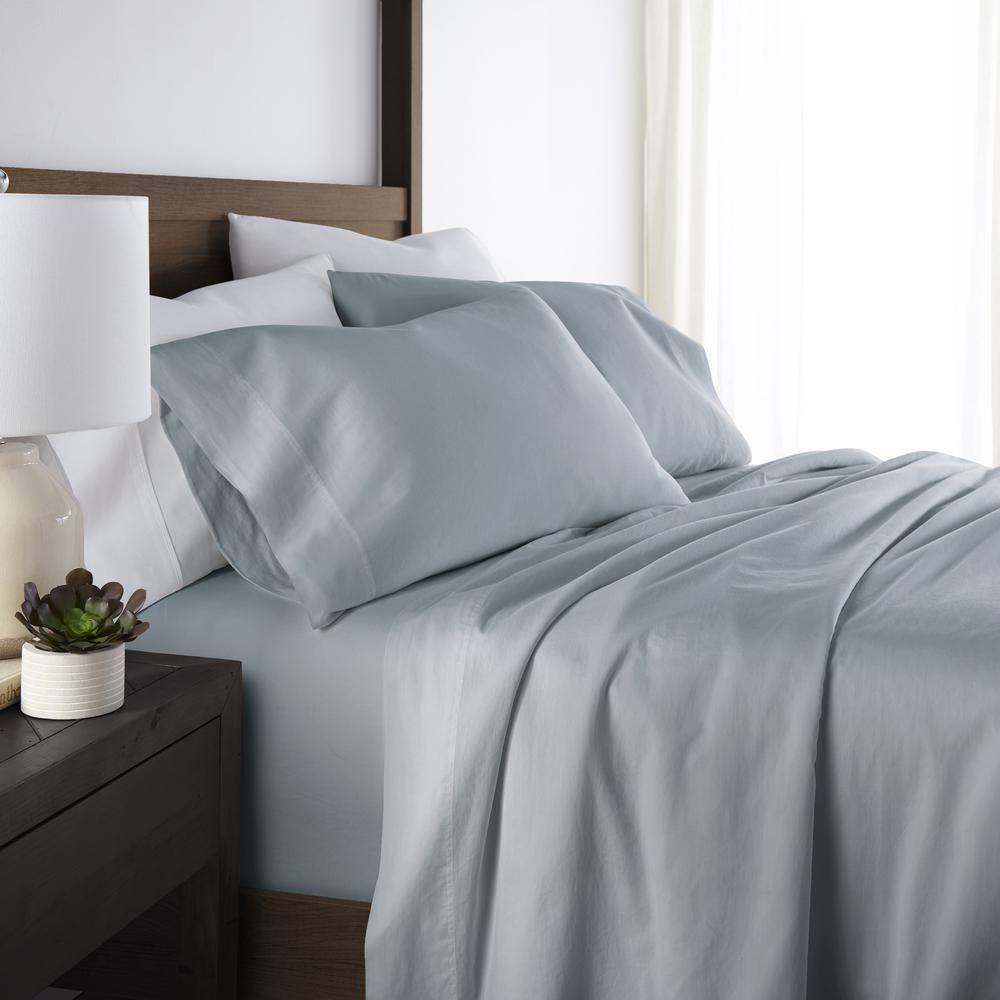 Queen Blue Solid Cotton Sheet Set with Pillow Covers