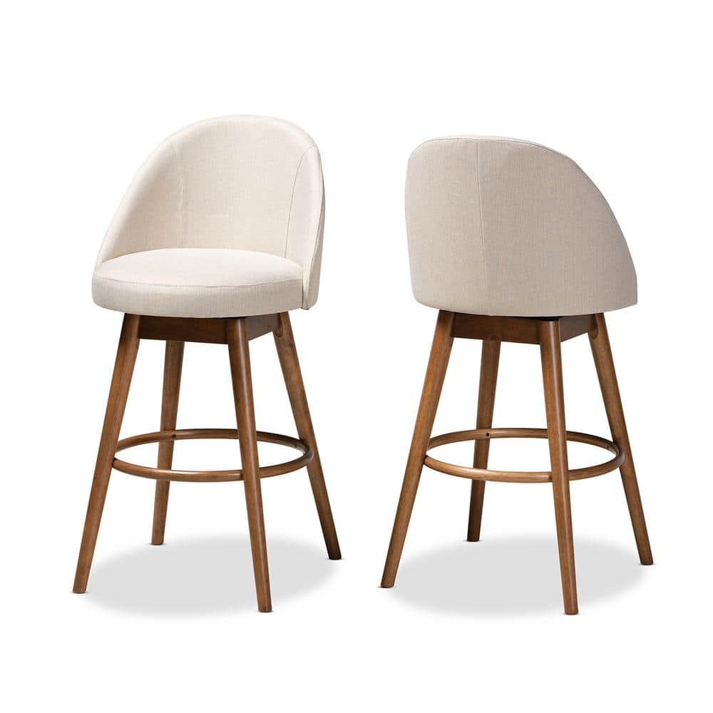 Baxton Studio Carra Mid-Century Modern Light Beige Fabric Upholstered Walnut-Finished Wood Swivel Bar Stool Set of 2