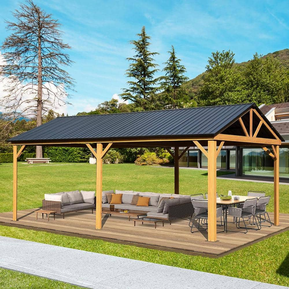 Swonuk 12' x 20' Hardtop Gazebo, Galvanized Steel Gable Roof Gazebo Pergola with Wood Grain Aluminum Frame, Outdoor Permanent Gazebo Pavilion for Patio Garden Lawn Backyard and Deck (Yellow Brown)