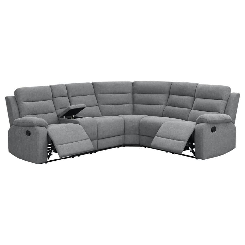 Benjara 106 Inch 3 Piece Sectional Sofa Manual Recliner, Dual AC/USB, Smoke Gray-Color:Gray,Material:smoke linen