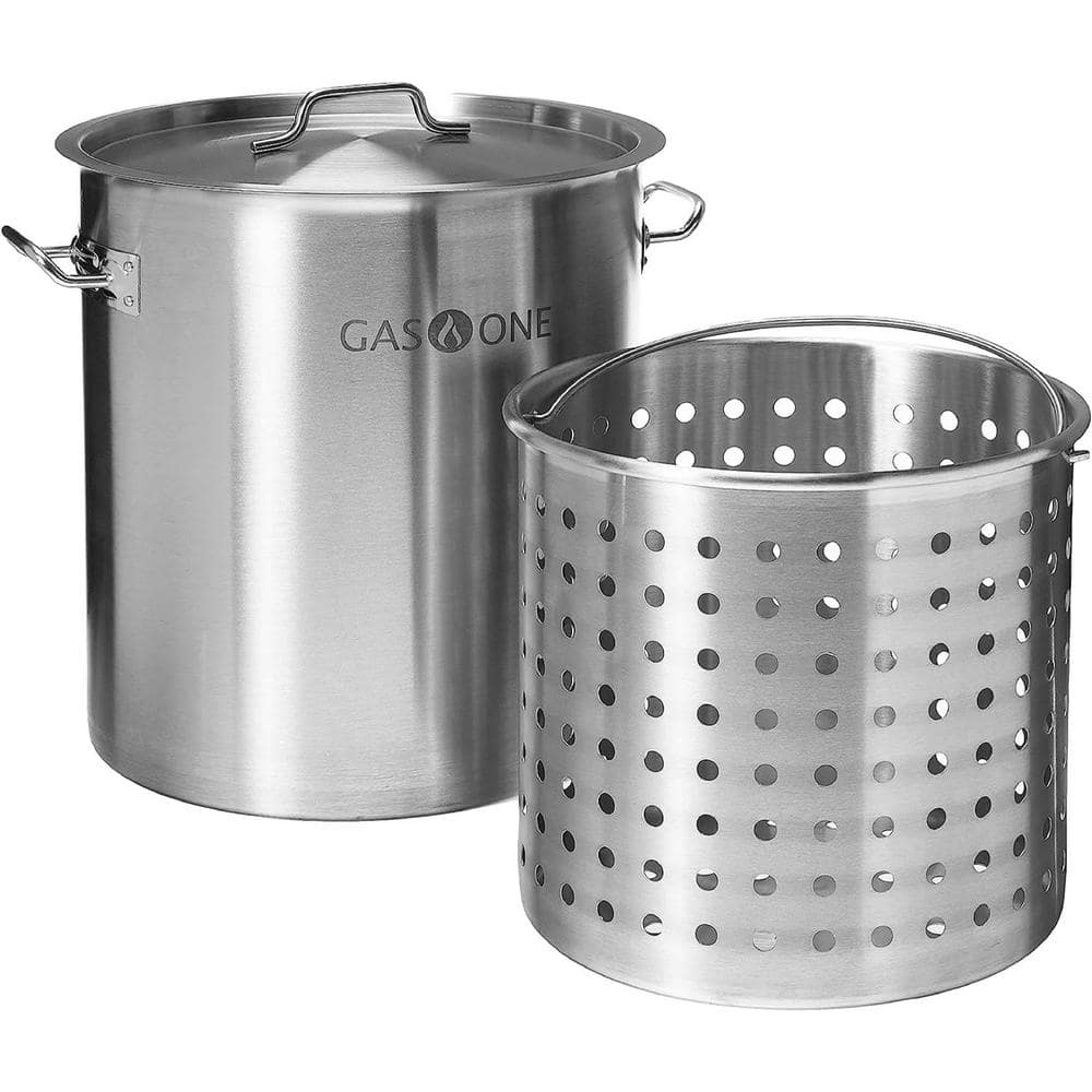 GasOne Stainless Steel Stockpot with Basket – 53qt Stock Pot with Lid and Reinforced Bottom –