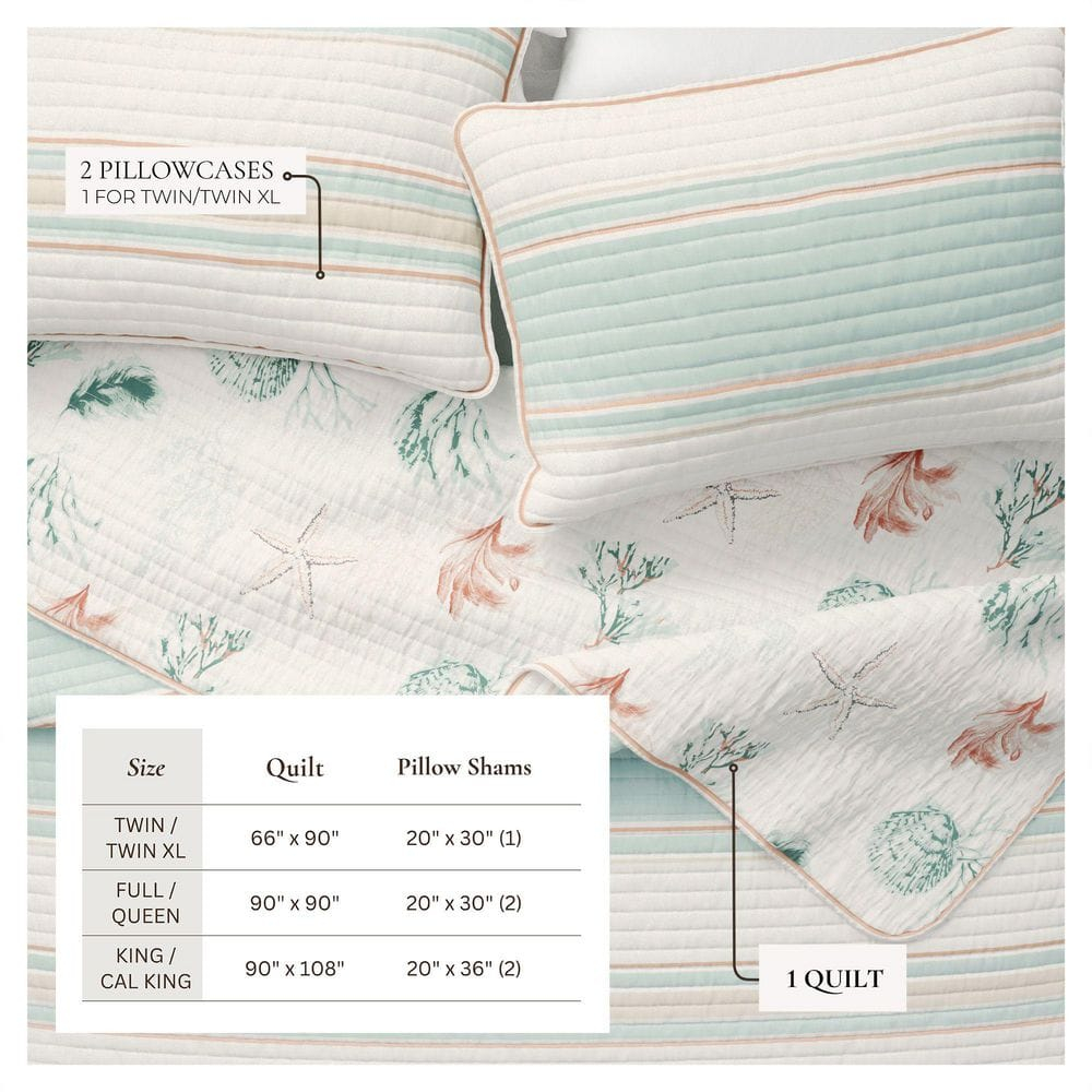 Blue Reversible Coastal Stripe 2-Piece Twin / Twin XL Cotton Quilt Bedding Set