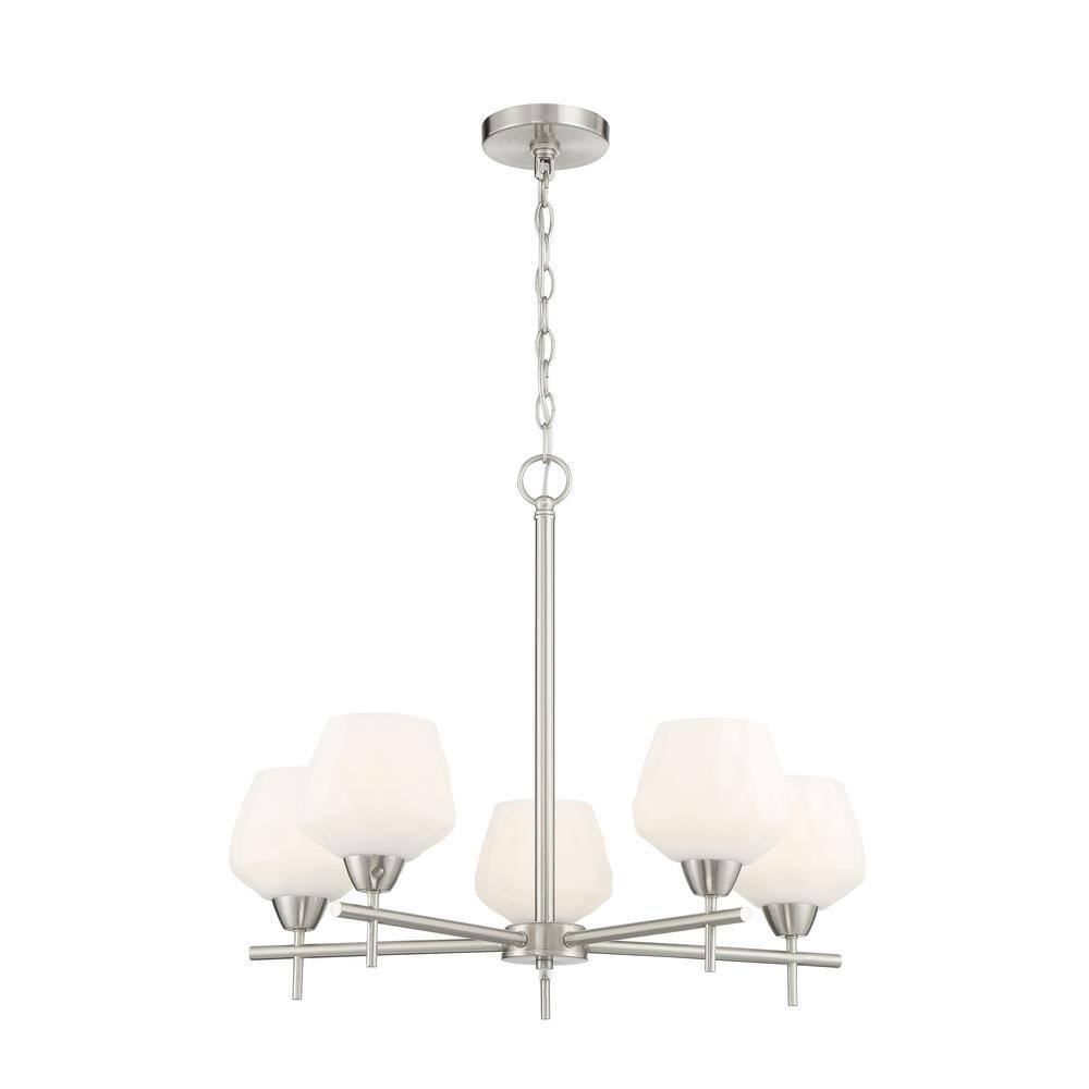 Sleek Brushed Nickel 5-Light Chandelier with Etched Opal Glass Shades