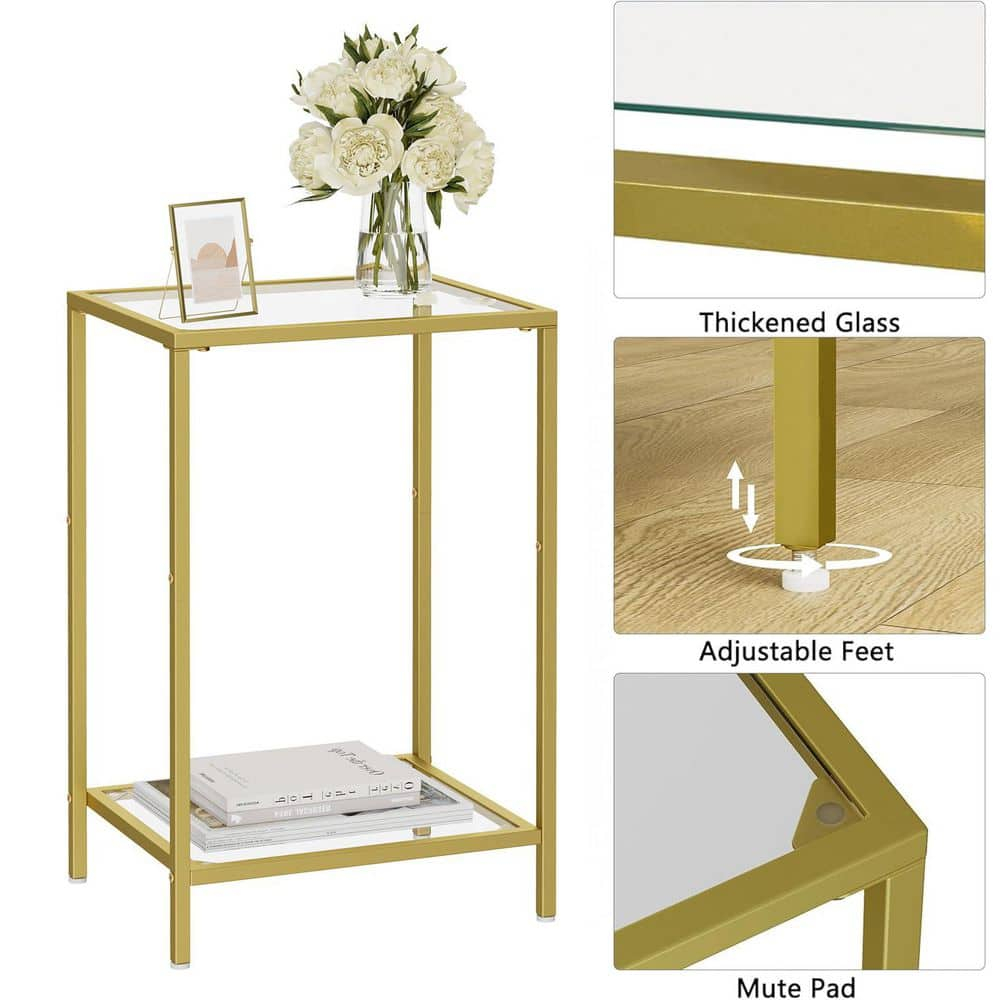 15 in. Gold Metal and Glass Rectangle End Table with 2-Tier Storage