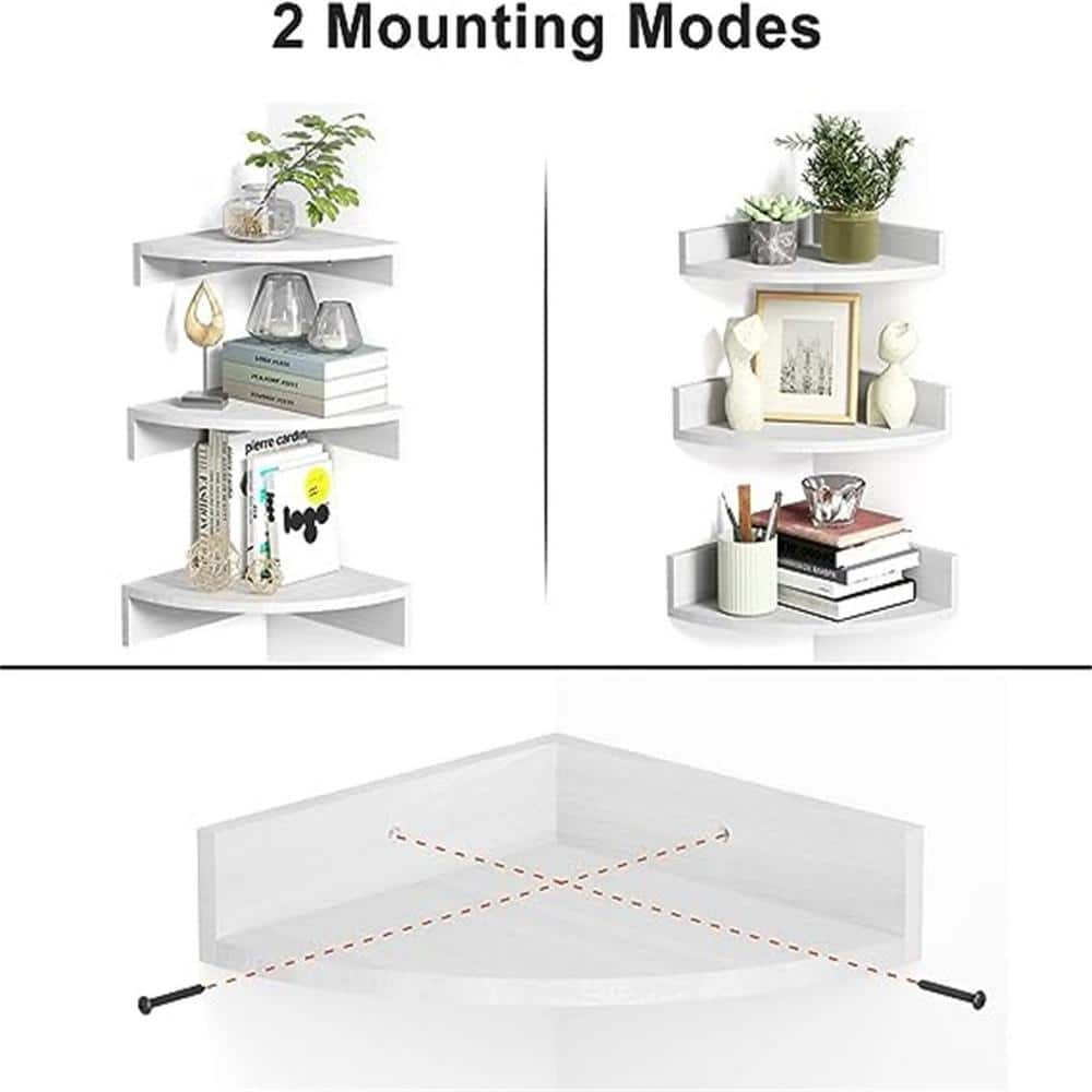 Homode Floating Corner Shelves, Set of 3 Wood Corner Wall Shelves with Wire Hole, 12 Inch Deep Hanging Corner Display Shelf for Living Room, Kitchen, Bedroom, White