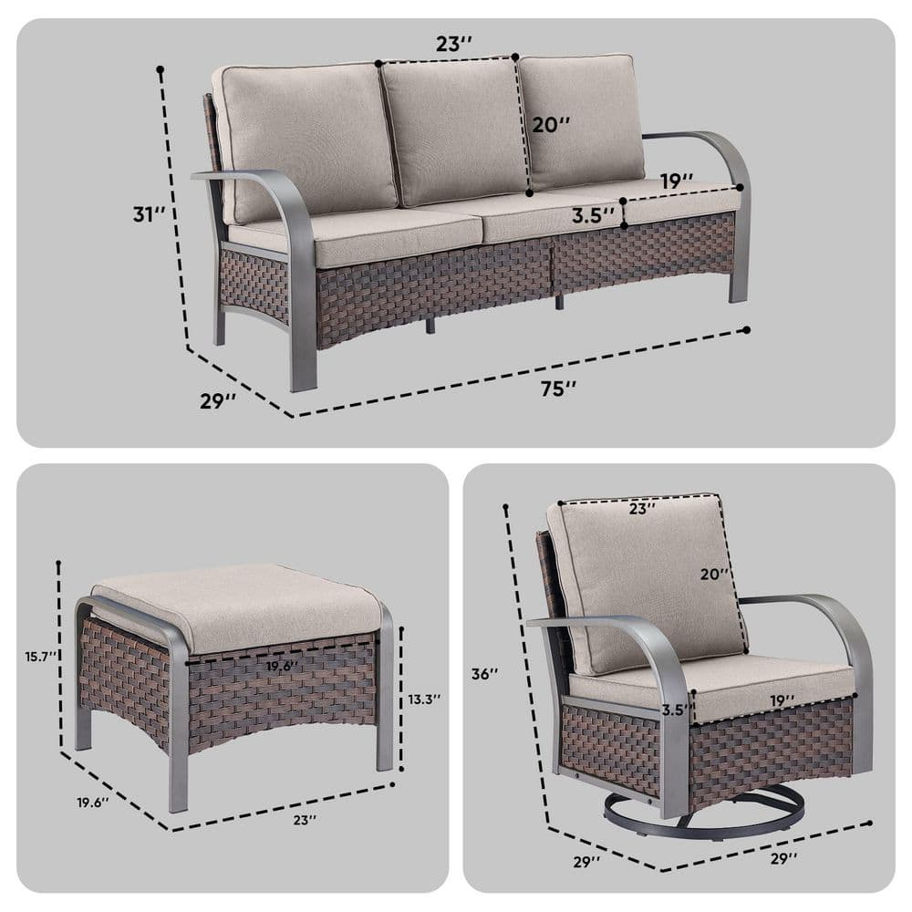 POCASSY 5PCS Outdoor Patio Furniture Set All-Weather Wicker Couch with Patio Swivel Rocking Outdoor Chairs and Multi-Functional Ottomans, Patio Conversation Set for Backyard Garden Balcony, Beige
