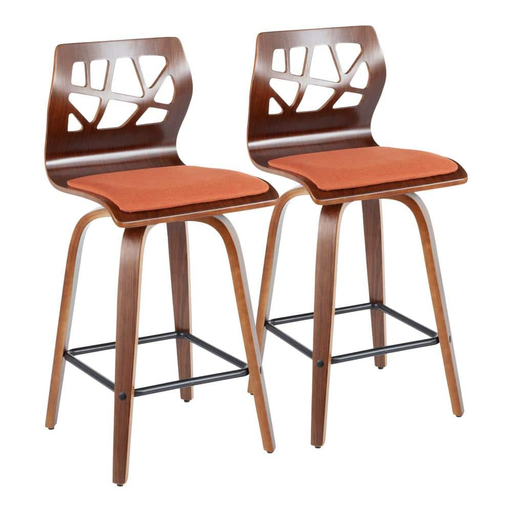 Folia Mid-Century Modern Counter Stool in Walnut Wood and Orange Fabric by LumiSource - Set of 2