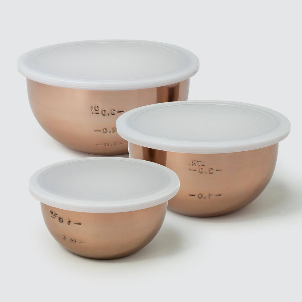 1.5Qt, 3Qt, 5Qt, Copper Tone Stainless Steel Mixing Bowl Set w/Plastic Lids