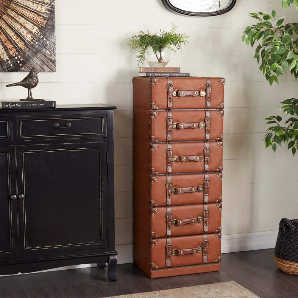 DecMode 16" x 42" Brown Wood Faux Leather 6 Drawers Chest with Buckle and Strap Detailing, 1-Piece
