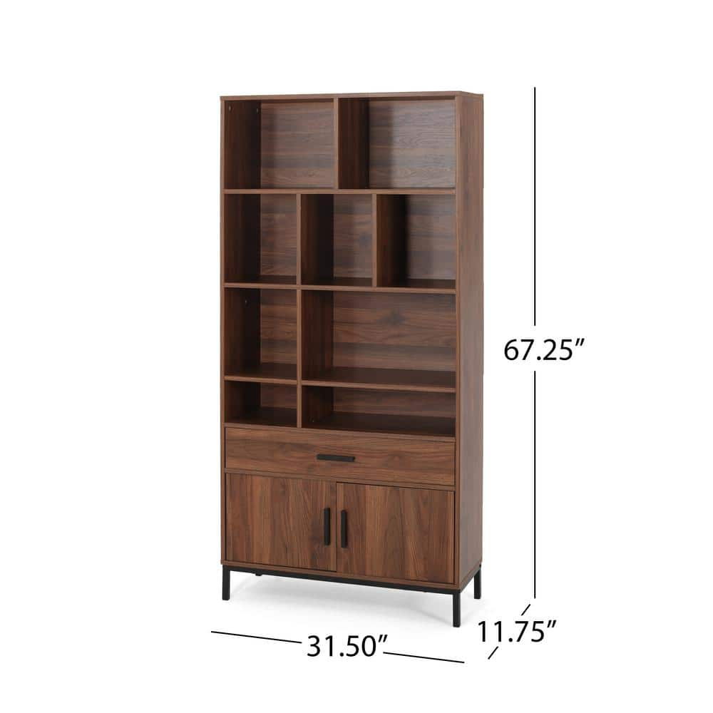 Noble House Davina Contemporary Faux Wood Cube Unit Bookcase, Walnut, Black