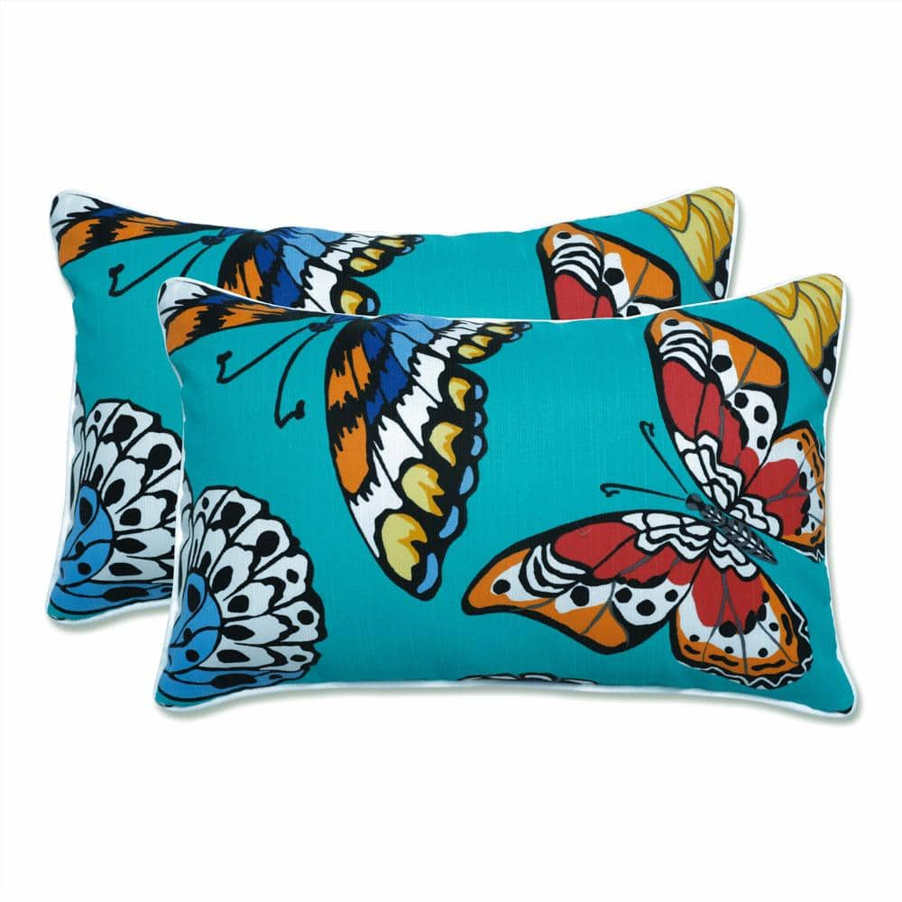 Butterfly Garden Teal Lumbar Pillow Set - Fade-Resistant Polyester