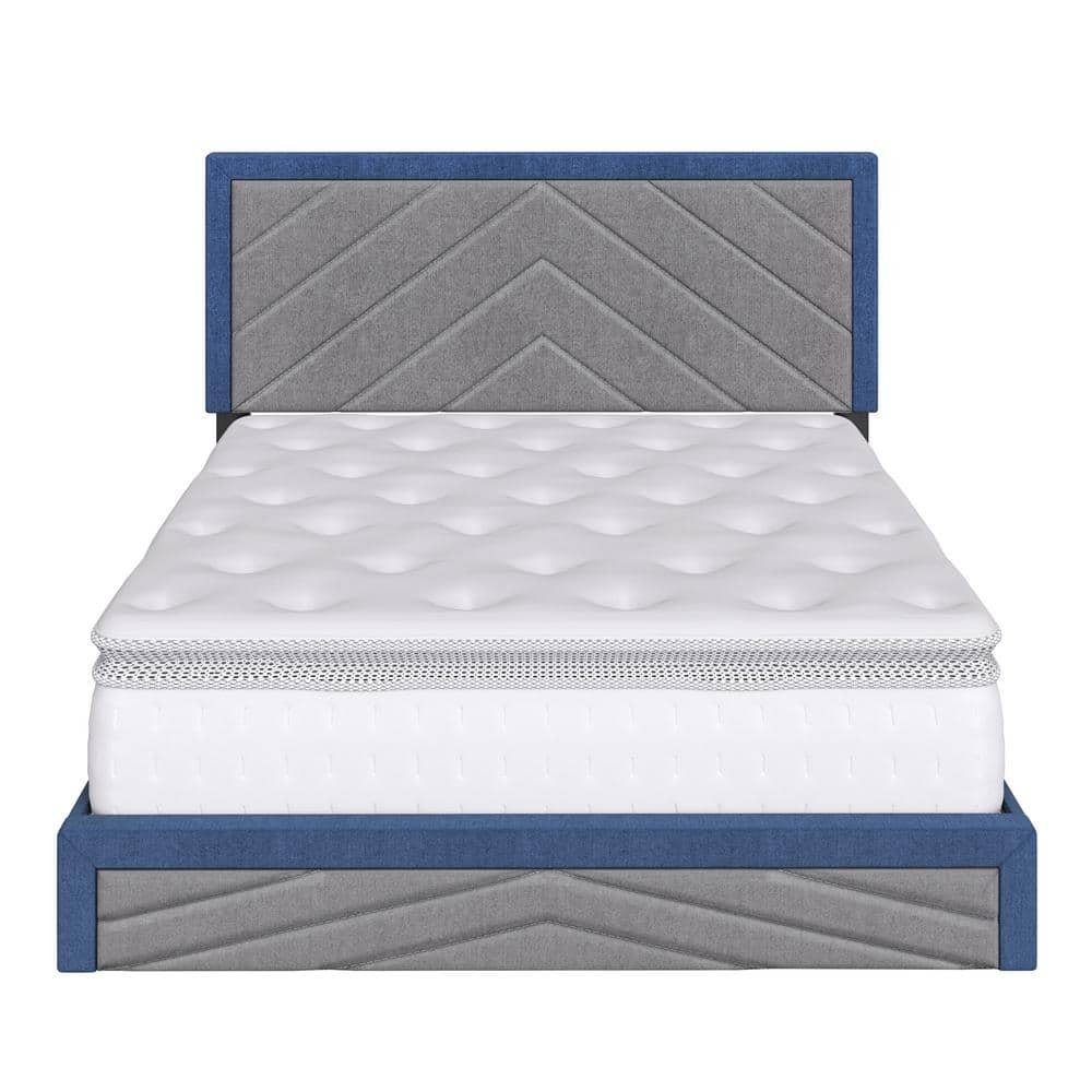 Barcelona Diagonal King Linen Upholstered Platform Bed, Blue and Gray