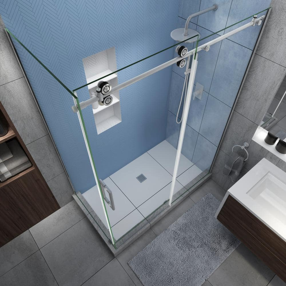Langham XL 56-60 in. x 32 in. x 80 in. Sliding Frameless Shower Enclosure StarCast Clear Glass in Stainless Steel Left