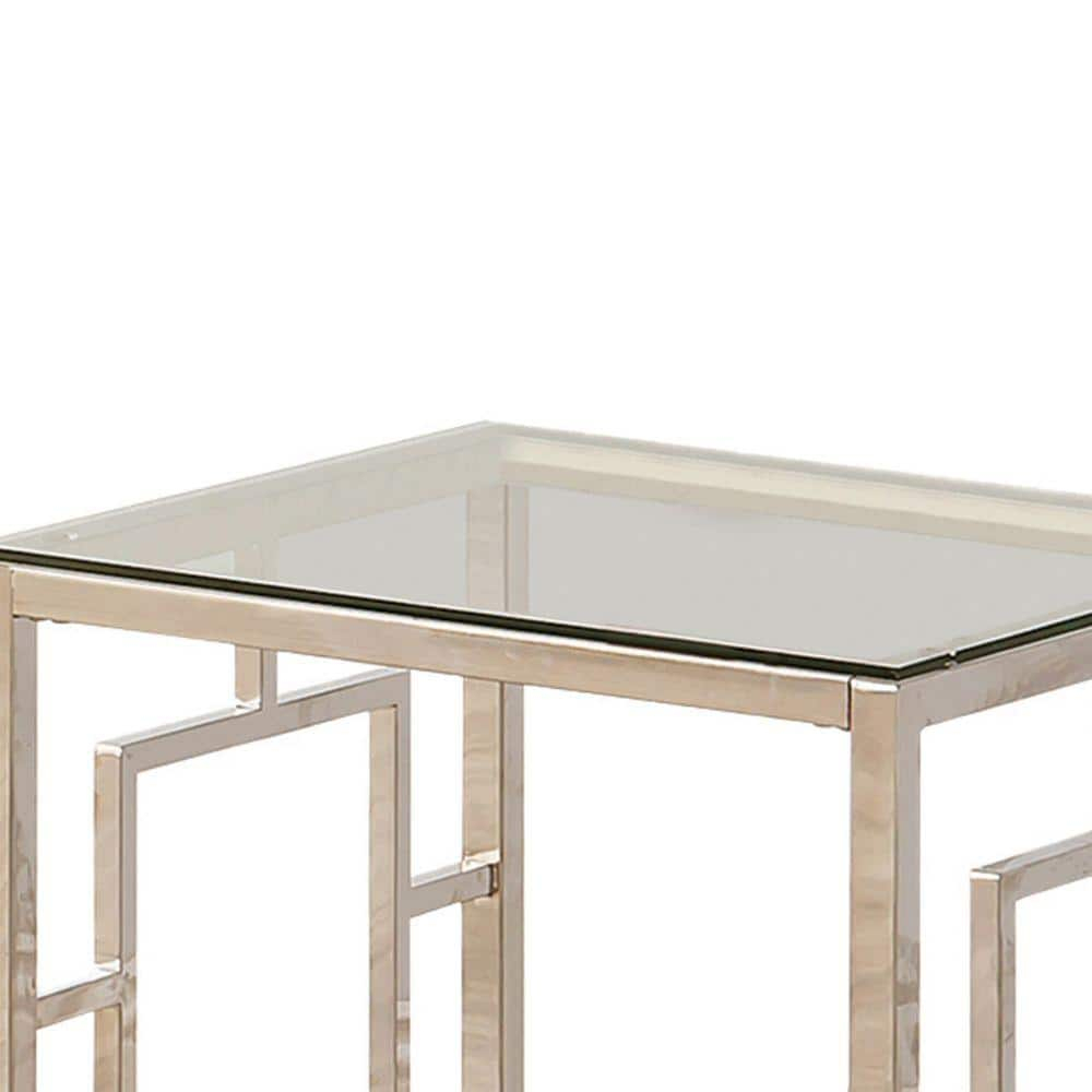 Benjara Tempered Glass Top End Table with Lattice Cut Out Panels, Silver and Clear