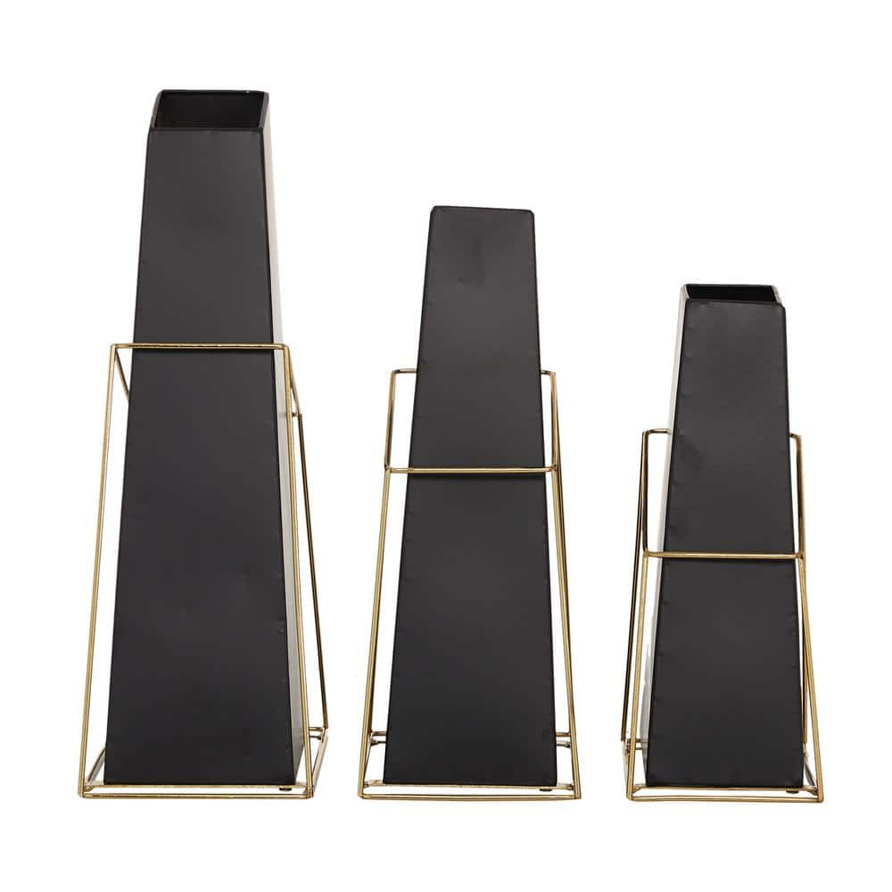 DecMode 10", 12", 14"H Black Metal Vase with Gold Wire Accents, Set of 3