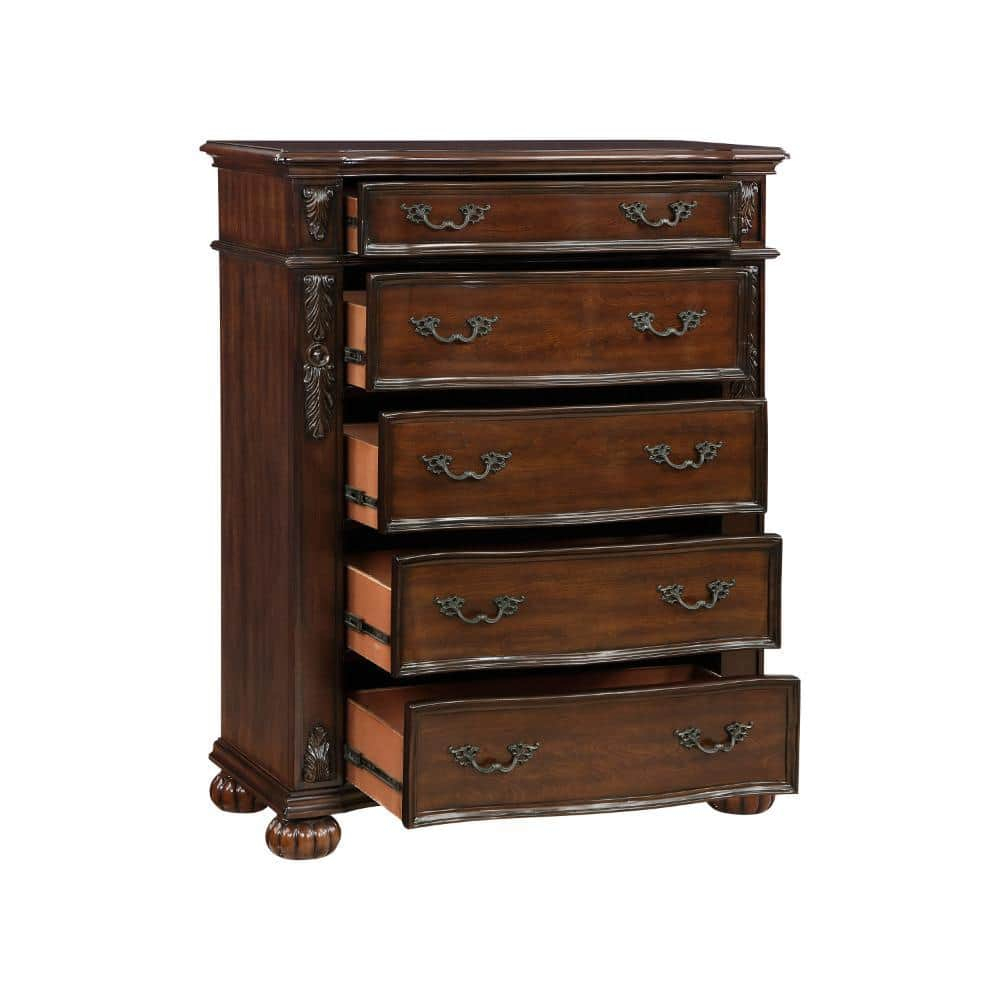 Benjara Nami 50 Inch Tall Dresser Chest, 5 Drawers, Carved Cherry Brown Solid Wood