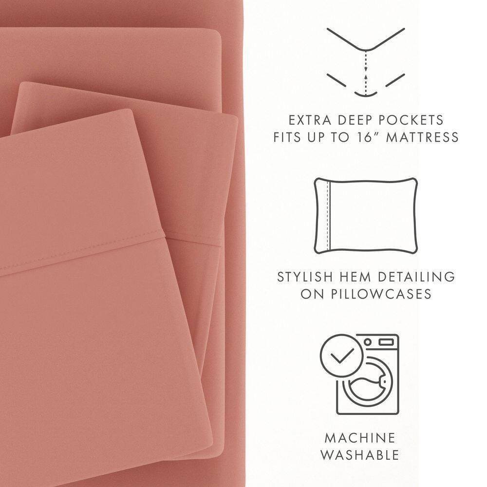 Noble Linens 4 Piece Solid Microfiber Bed Sheet Set, Clay, Queen