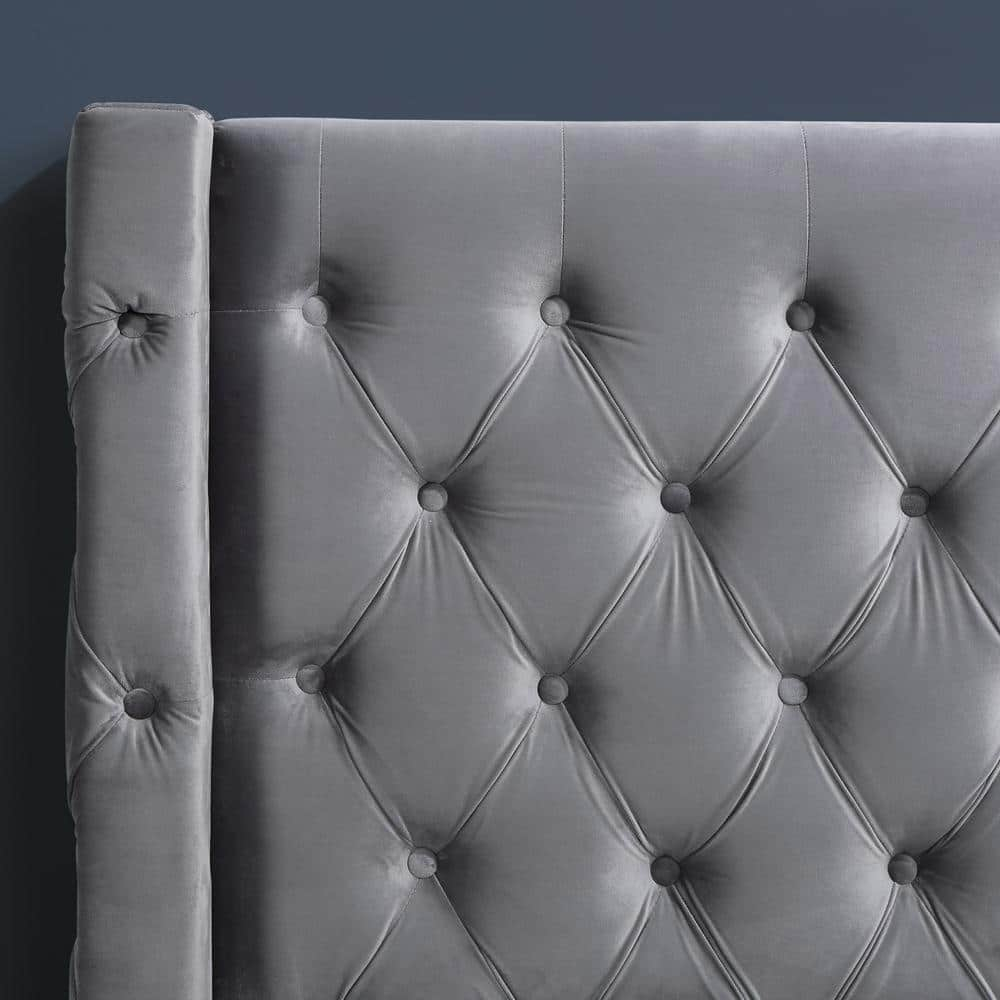 Best Master Wood Frame King Platform Bed with Tufted Velvet Upholstery in Gray