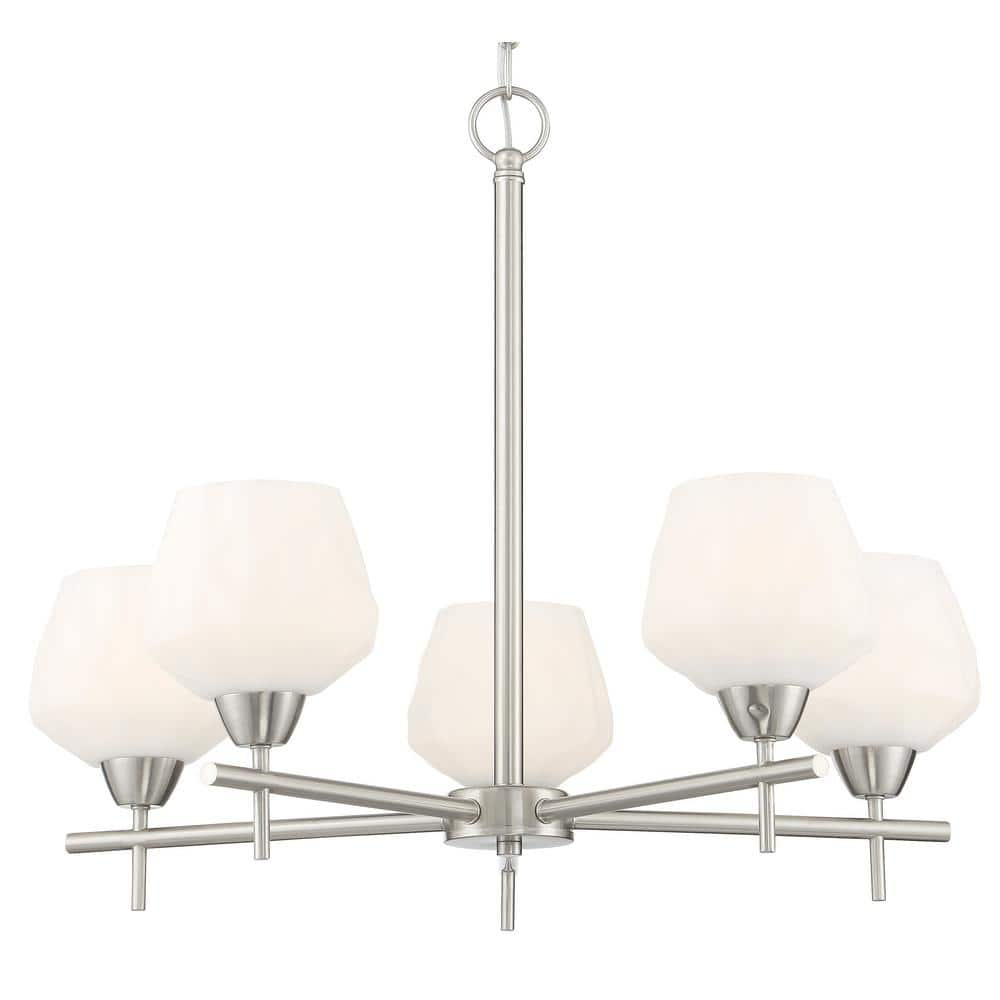 Sleek Brushed Nickel 5-Light Chandelier with Etched Opal Glass Shades
