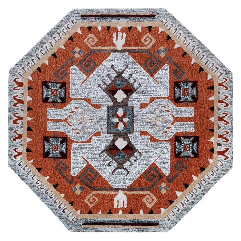 Ox Bay Terracotta Textile Southwestern Shape Rug, 6 ft. Octagon, Terracotta / Gray