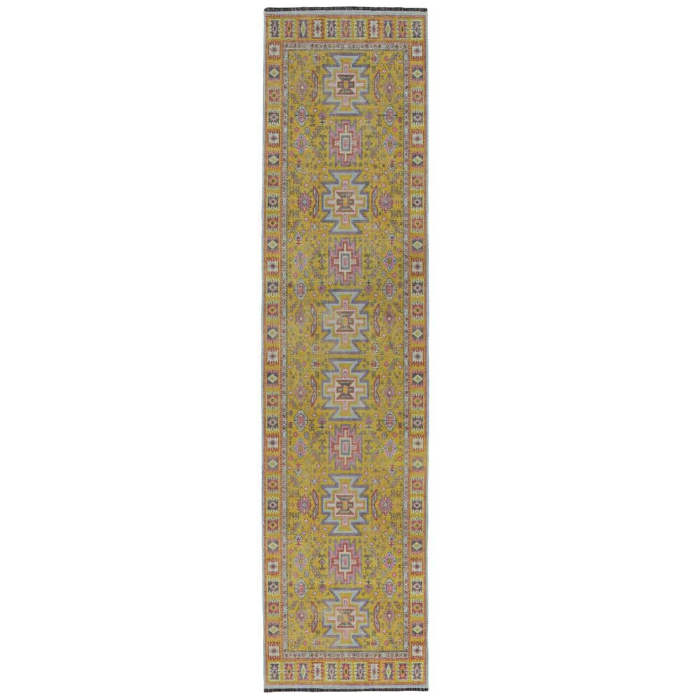 Linon Logan Sivas Polyester 2' X 10' Runner Rug in Yellow and Ivory