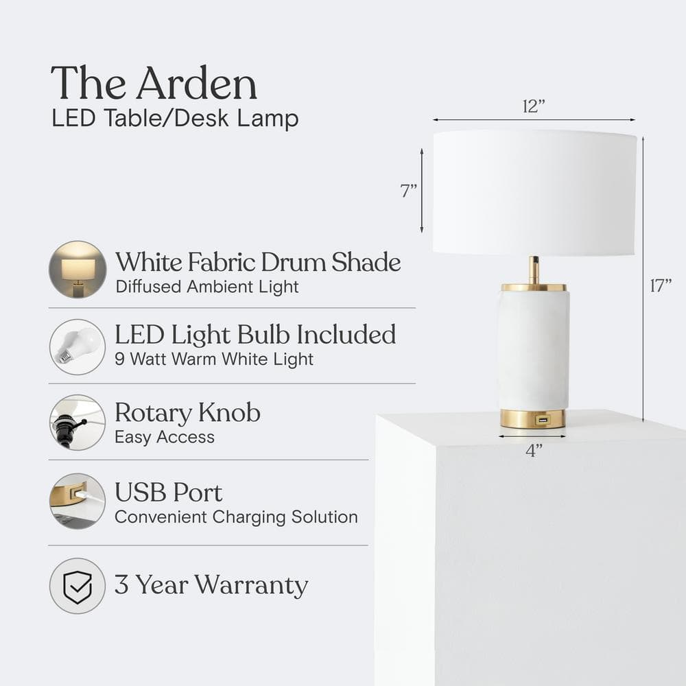 Brightech Arden LED Table Lamp Set with USB Port - Bedside Reading Lamp, Modern Desk Lamp, Nightstand Lamp with Ambient Lighting for Bedroom, Living Room, Office -Stylish Lampshade & Marble Finish