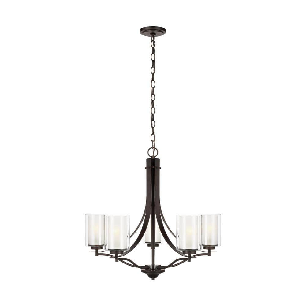 Elmwood Park 5-Light Bronze Modern Transitional Hanging Candlestick Chandelier with Satin Etched Glass Shades