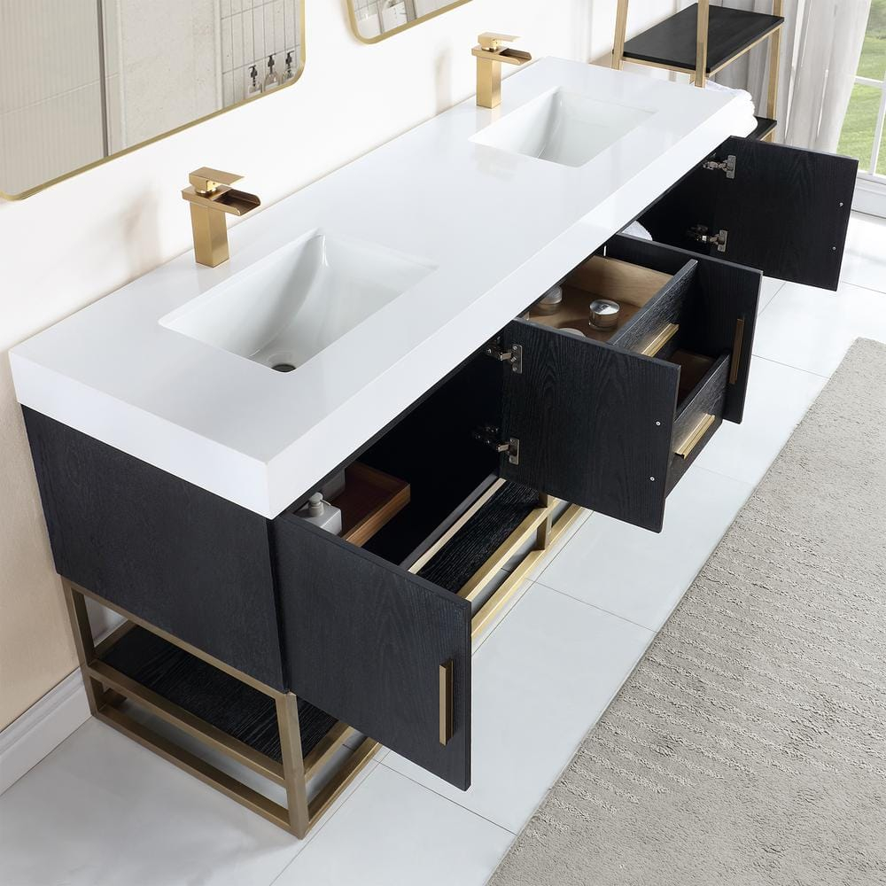 Altair Tocador de 4 Puertas de Madera y Piedra Compuesta de Diseño Bianco en Roble Negro/blanco