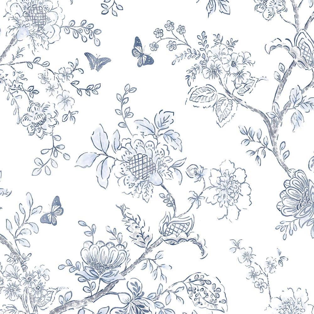 Norwall FH37539 Butterfly Toile Prepasted Light Blue Off White Neutrals Wallpaper