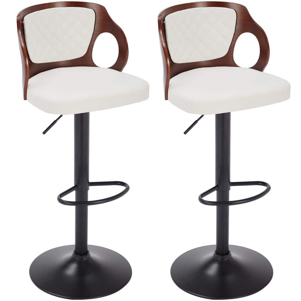 ECOTOUGE Swivel Bar Stools Set of 2, Height Adjustable Island Stools with Bentwood Back, Faux Leather Counter Height Bar Stools for Kitchen, Pub and Cafe, White