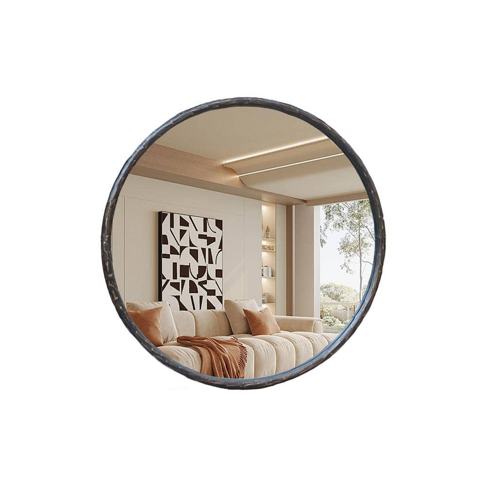 Parisloft 31.8" Antique Black Round Metal Wall Mirror with Tempered Glass, Circle Wall Mirror for Bathroom Vanity, Entryway Living Room