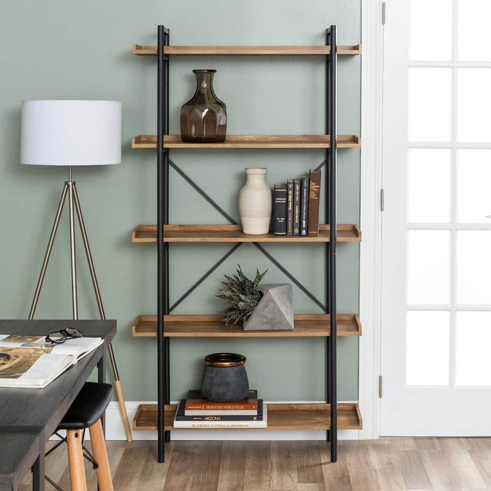 68" Urban Pipe Bookcase with 5 wood Shelves in Barnwood brown