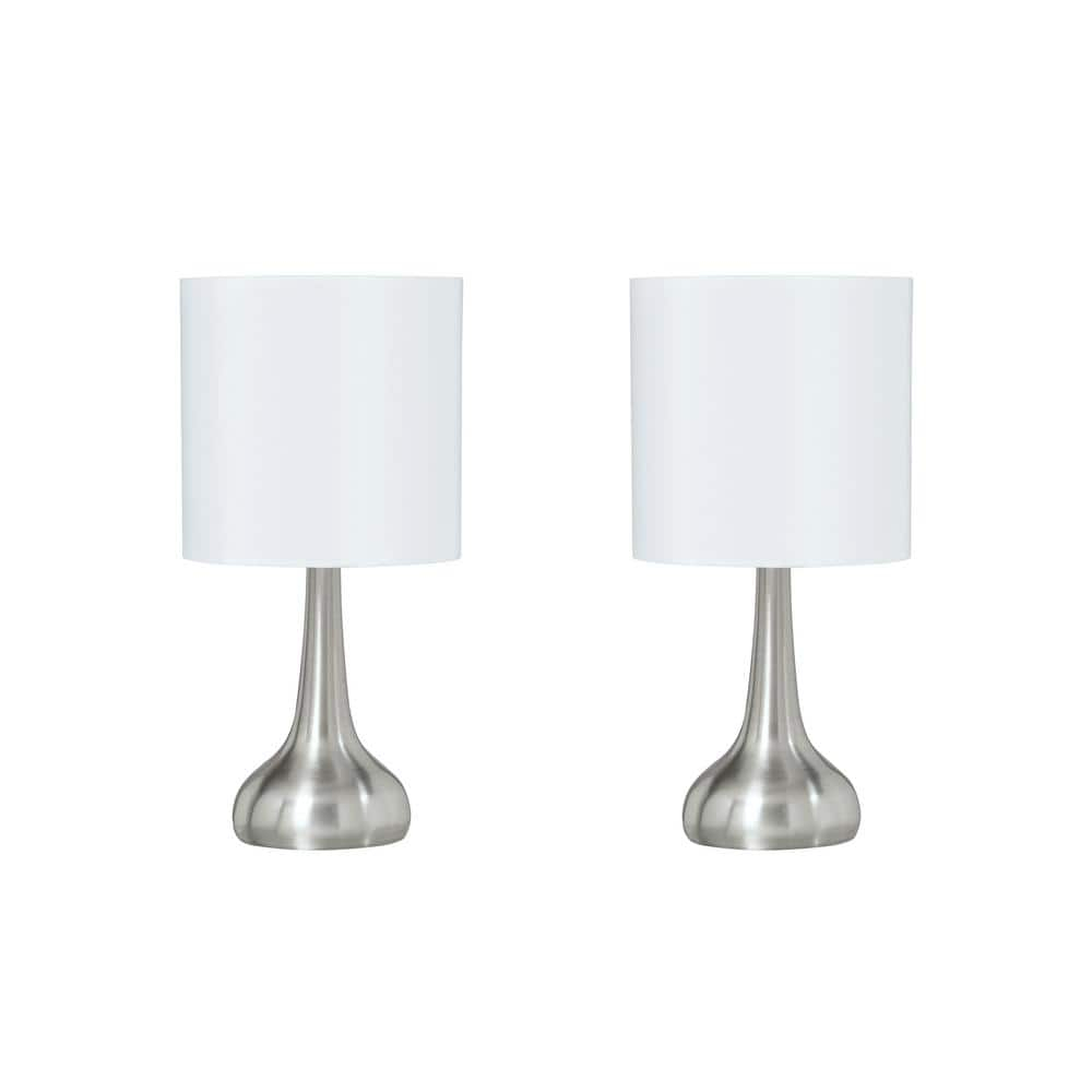 Aspen Creative 40231-12, Two Pack - 14-1/2" High Transitional Metal Table Lamp, Satin Nickel Finish and Drum Shaped Lamp Shade in Off White, 7" Wide