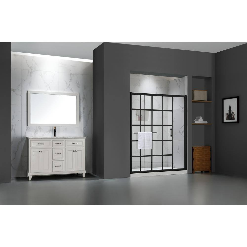 56-60" W x 72" H Framed Grid Pattern Single Sliding Shower Door with 1/4" (6mm) Clear SGCC Tempered Glass in Matte Black Finish, Reversible Installation