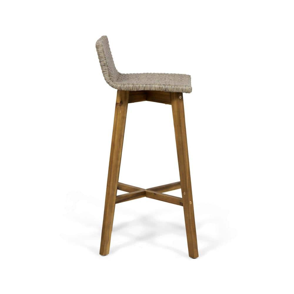 Pico Brea Outdoor Acacia Wood & Wicker Barstools, Set of 2, Light Brown and Teak