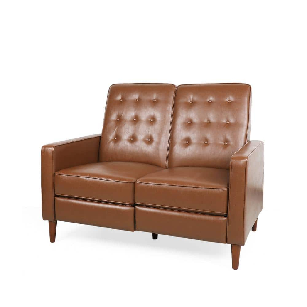 Noble House Craigue Faux Leather Tufted Loveseat Pushback Recliner, Cognac Brown