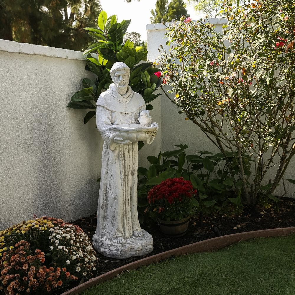 45 in. Tall Outdoor Saint Francis Birdbath Statue Yard Art Decoration, Light Gray