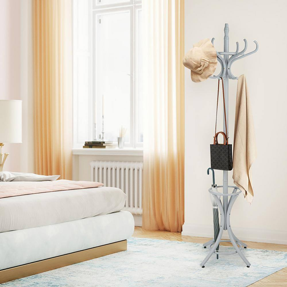 Tangkula 75.5" Standing Coat Rack, Wood Coat Tree with 12 Hooks, Home Hat Jacket Hanger Tree 12 with Umbrella Holder Coat Stand (Grey)