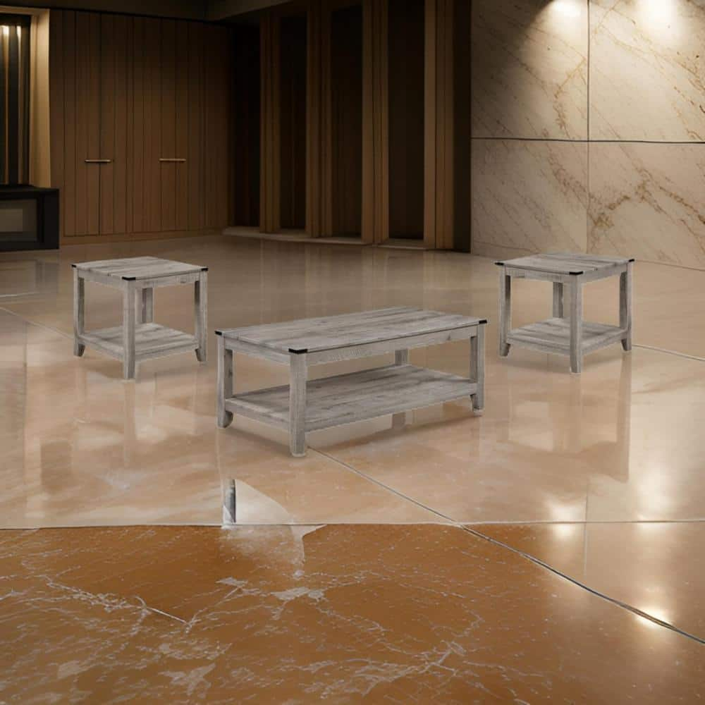 Benjara Hilton 3 Piece Coffee and End Table Set, Wood, Storage Shelf, Beige Finish
