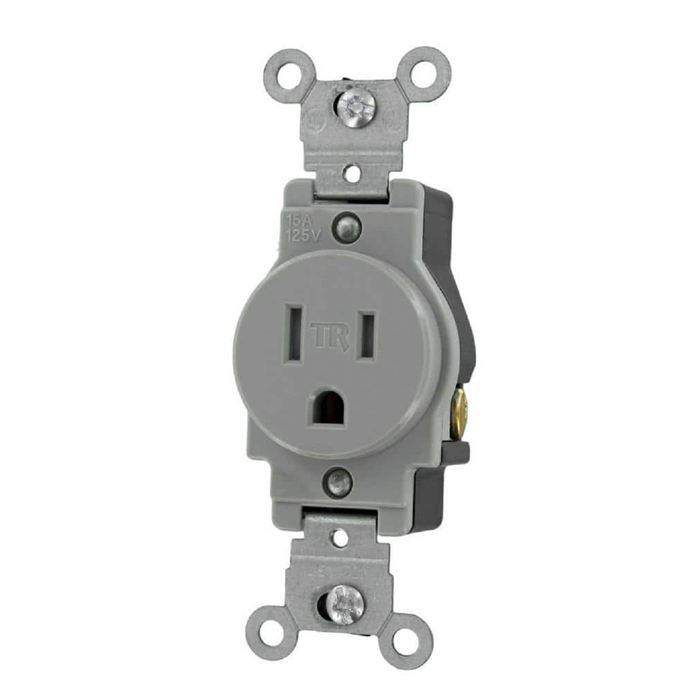 Leviton Commercial Grade, Grounding, 15 Amp, 125 Volt, 2P, 3W, Narrow Body Single Receptacle, Straight Blade, Tamper Resistant, T5015-GY, Gray