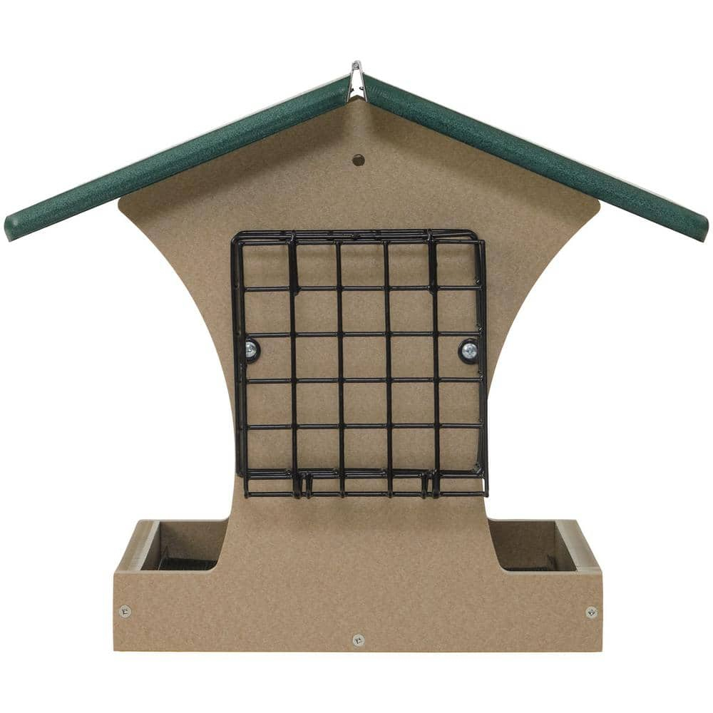 Large Green and Taupe Recycled Plastic Hopper Feeder with Suet Cages