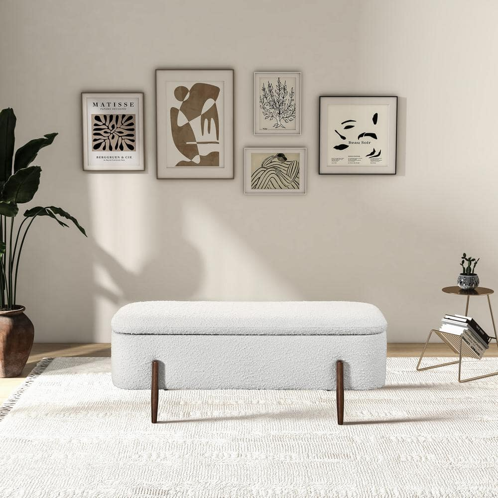 Alya Mid-Century Japandi Ivory Boucle Fabric Upholstered Storage Ottoman Bench